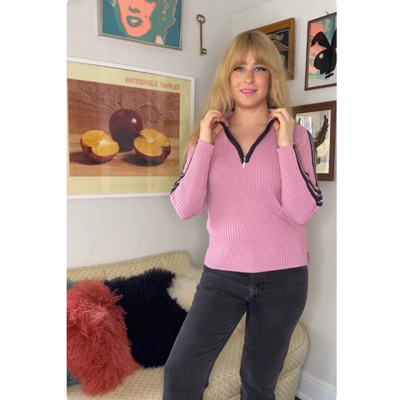 Roots 73 Half Zip Long Sleeved Sweater in Dusty Rose Pink - Racing Stripe - S/M - Picture 6 of 9